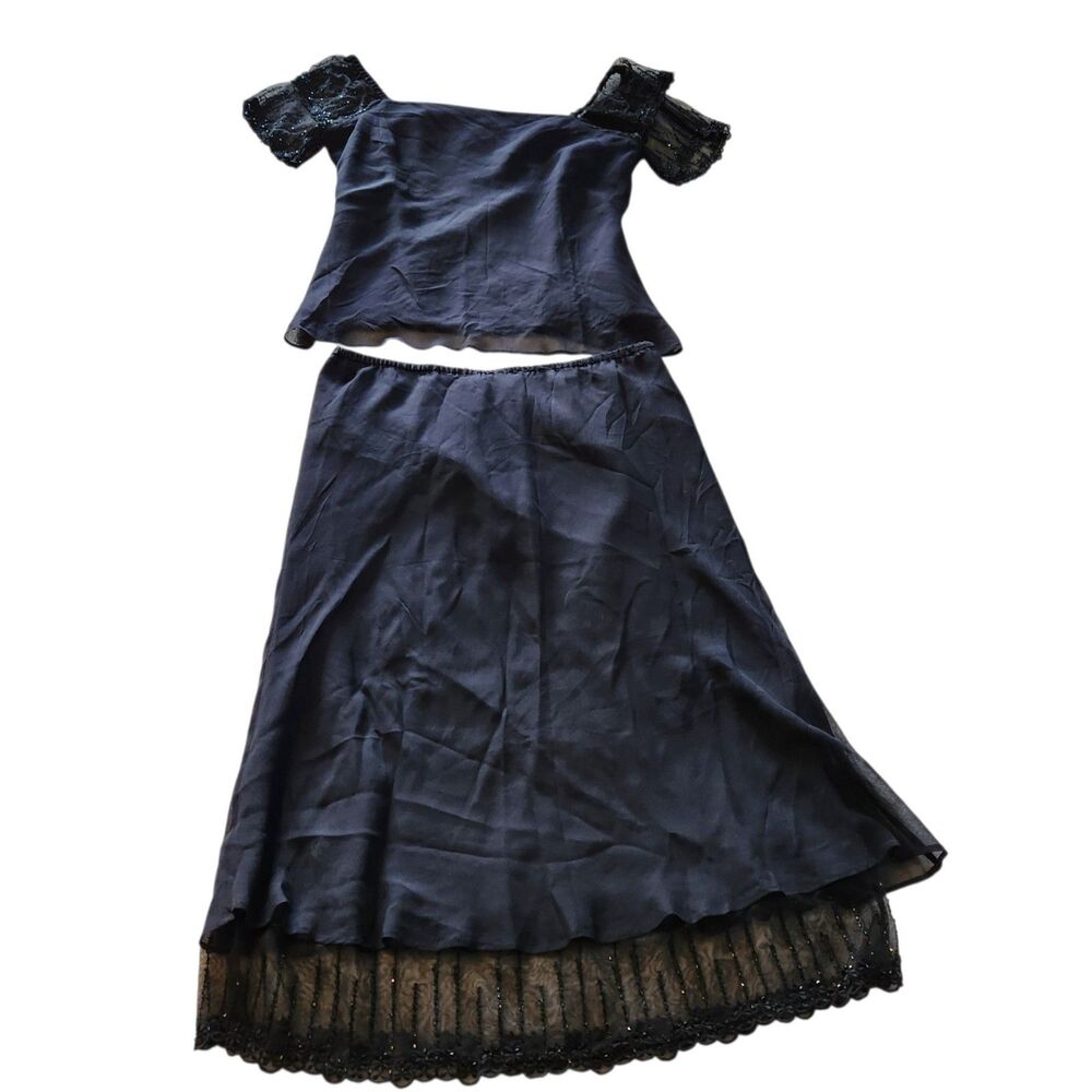 David Warren Sheer Black Beaded Detail Silk 2 Piece Skirt Set Sz 14 Whimsygoth